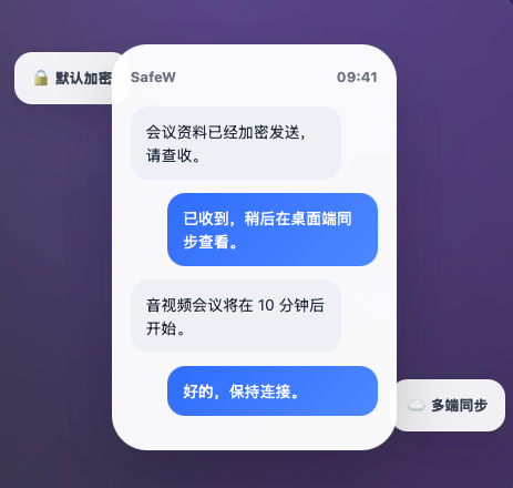SafeW 官网 - 守护隐私的私密通讯平台界面示意，展示零知识加密与匿名聊天